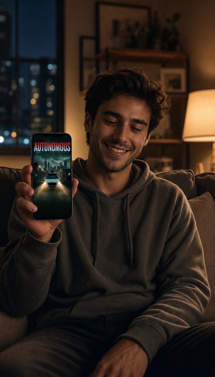 Person on a couch holding a phone showing a film